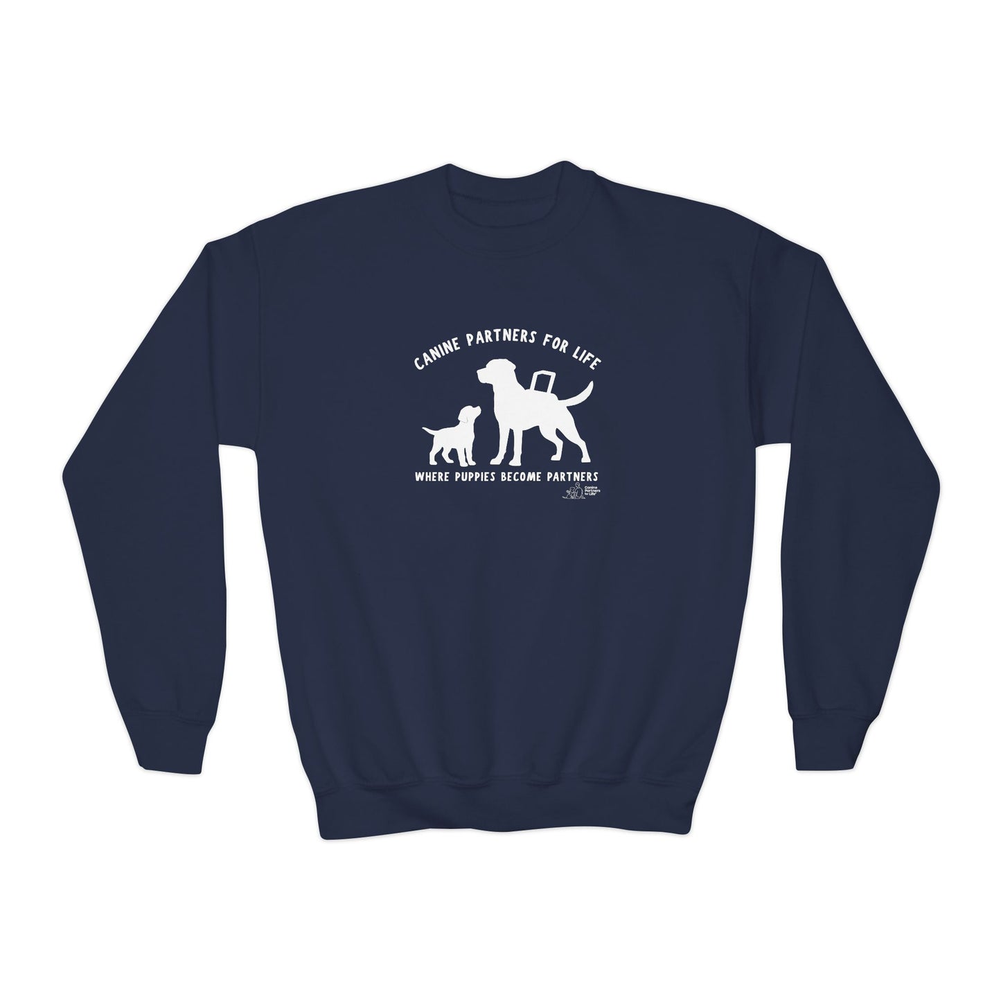 Where Puppies Become Partners Kids Gildan Crewneck Sweatshirt