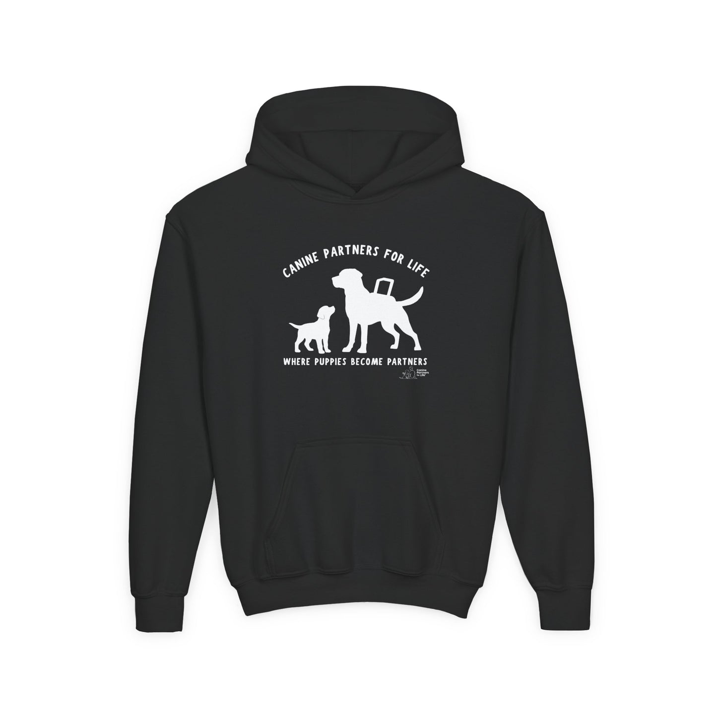 Where Puppies Become Partners Kids Gildan Hooded Sweatshirt