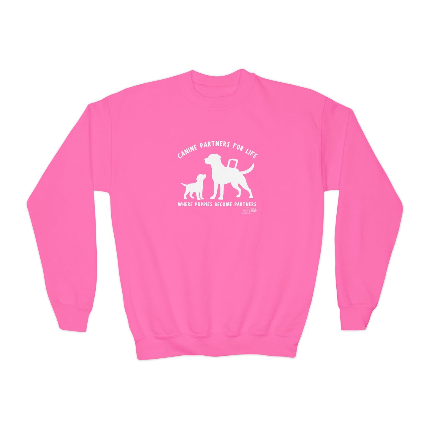 Where Puppies Become Partners Kids Gildan Crewneck Sweatshirt