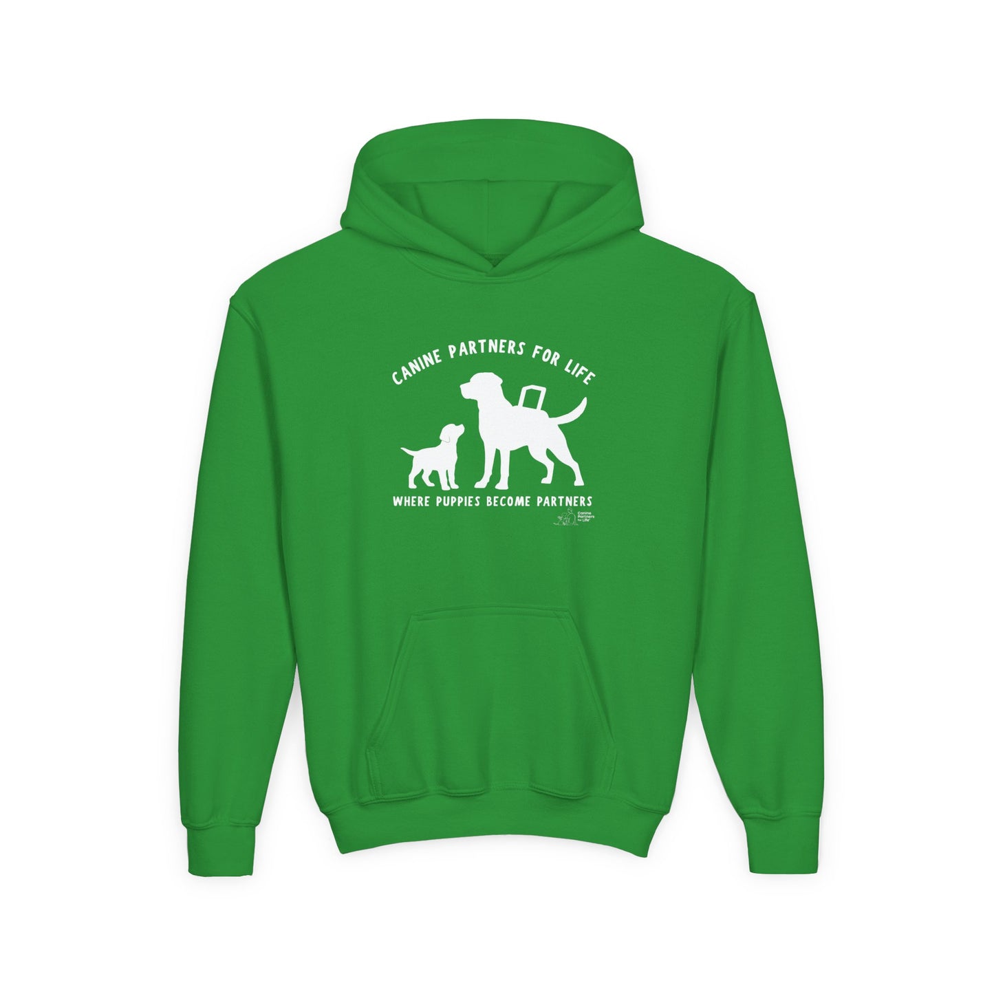 Where Puppies Become Partners Kids Gildan Hooded Sweatshirt