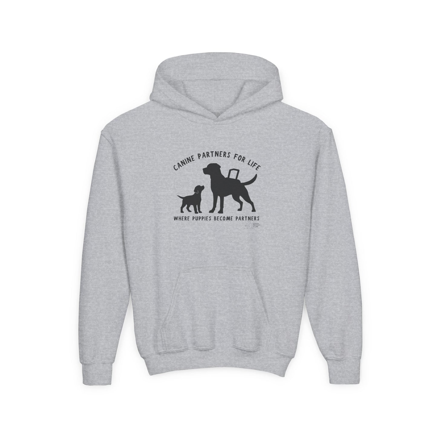 Where Puppies Become Partners Kids Gildan Hooded Sweatshirt