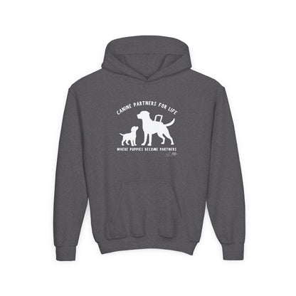 Where Puppies Become Partners Kids Gildan Hooded Sweatshirt